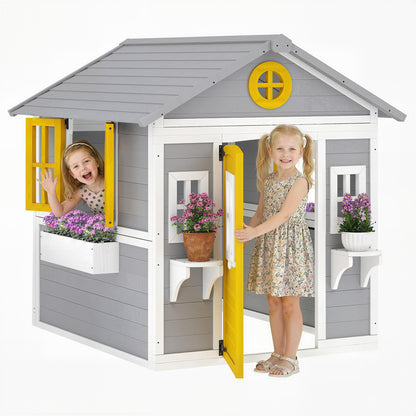Wooden Indoor/Outdoor Playhouse with Door, Windows, Planters & Shelves — Gray, Ages 3–8