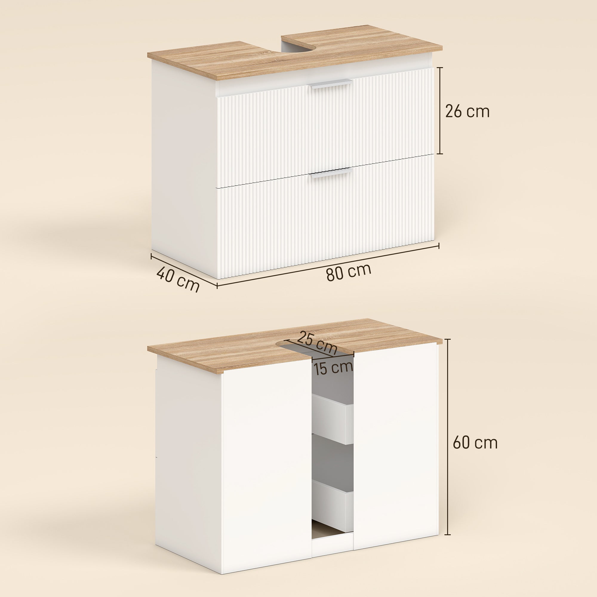 Bathroom Vanity Base Cabinet with Two Large Drawers, Two-Tone Design, Fits Pedestal or Basin Sinks, 31.5 x 15.7 x 23.6 in (80 x 40 x 60 cm), White & Natural