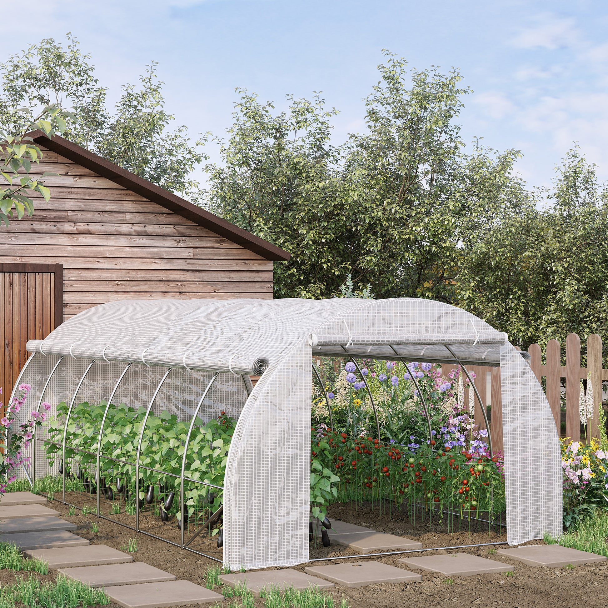 Outdoor Greenhouse 6x3x2 m Tunnel Greenhouse with Door and 12 Roll-up Mesh Windows Garden Greenhouse for Patio White