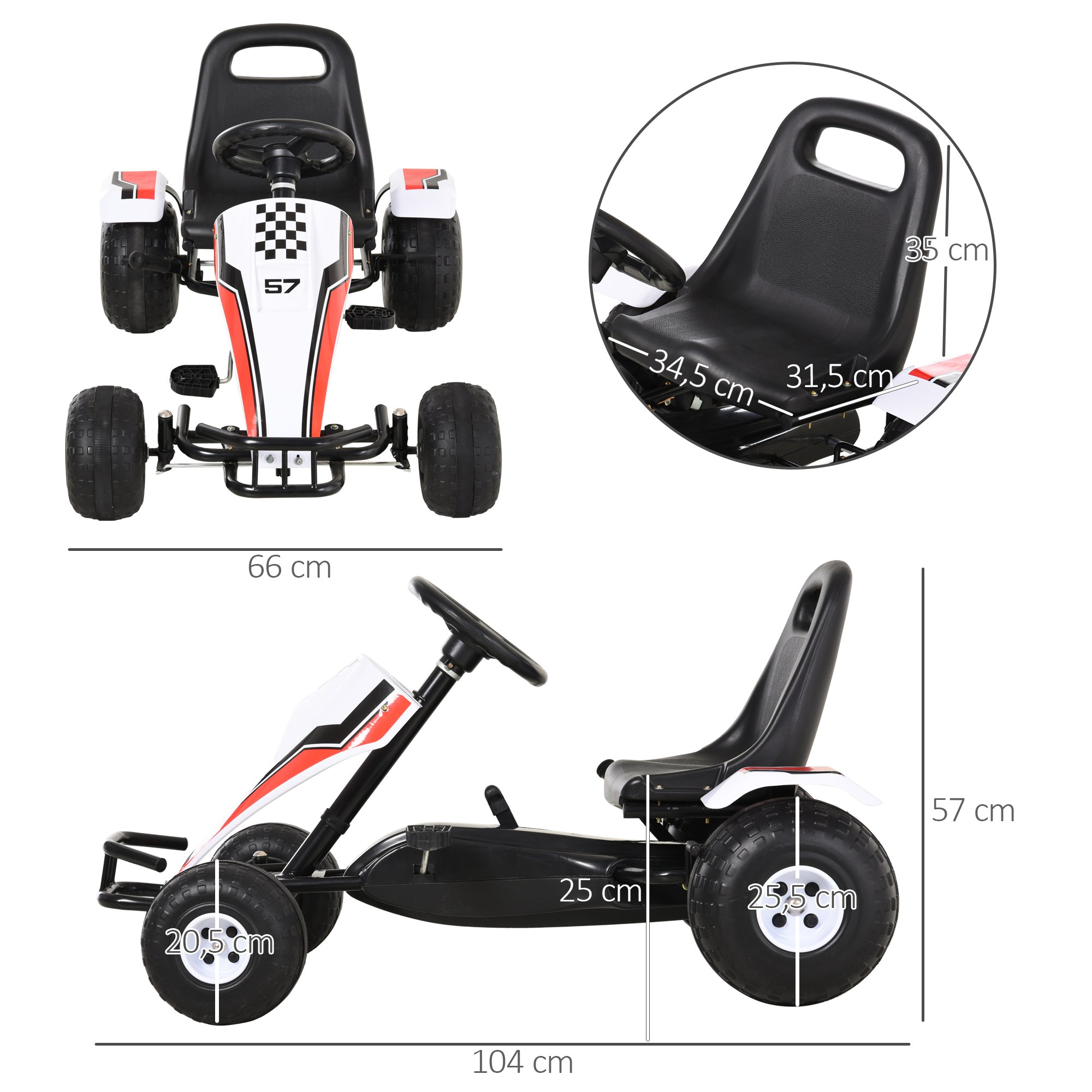 Go Kart Kids Pedal Car with Pedal Brakes Children's Toy for 3-6 Years Steel White 104 x 66 x 57 cm