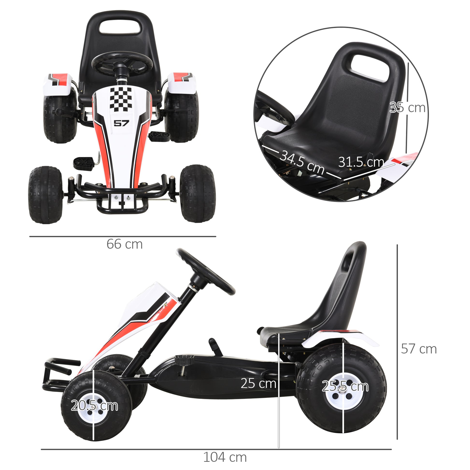 Go Kart Kids Pedal Car with Pedal Brakes Children's Toy for 3-6 Years Steel White 104 x 66 x 57 cm