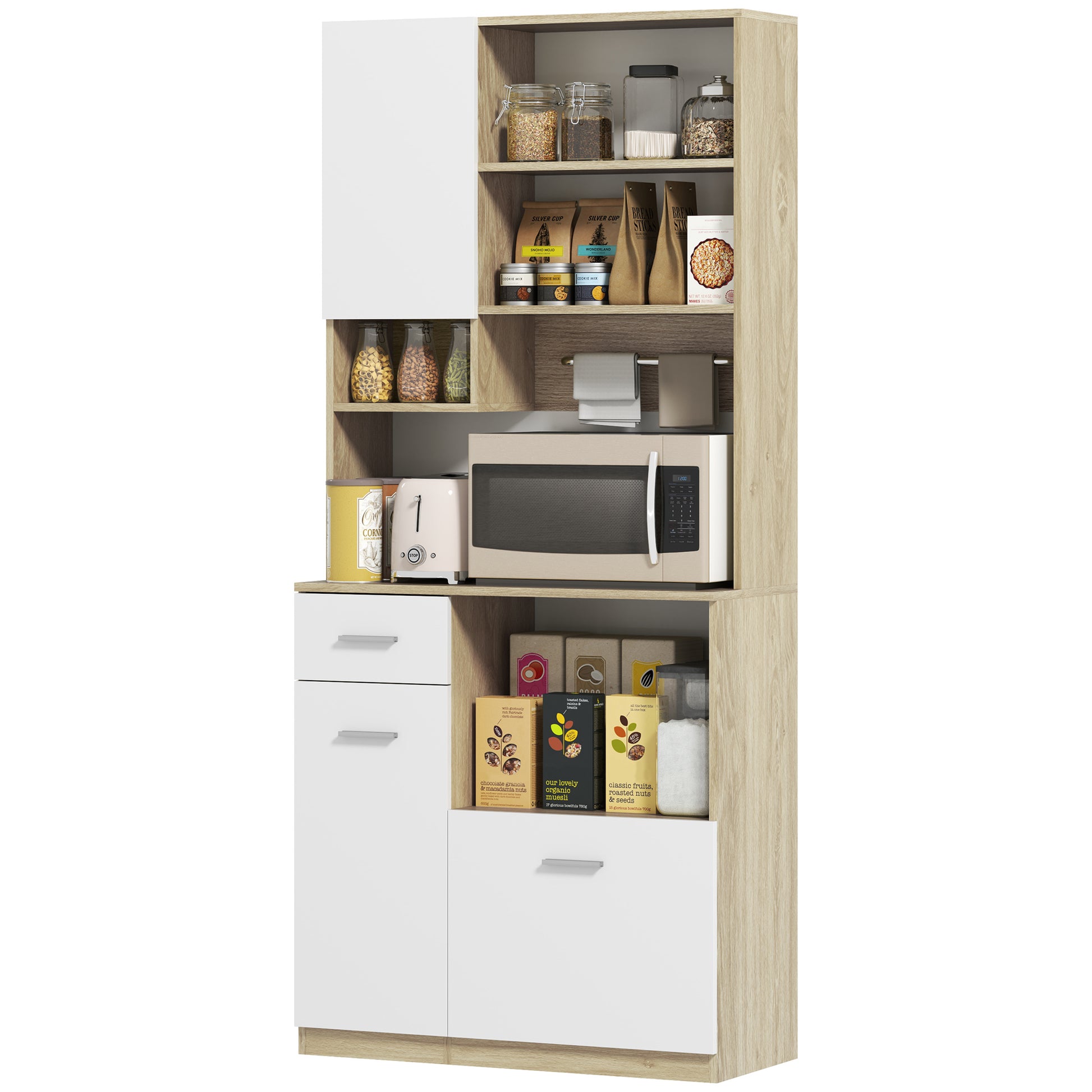 Kitchen Cabinet Buffet Sideboard Storage Cabinet Modern Style with Adjustable Shelves, Drawer, Countertop, Cable Management, for Dining Room, Living Room, 80 x 35 x 180 cm, Wood Effect