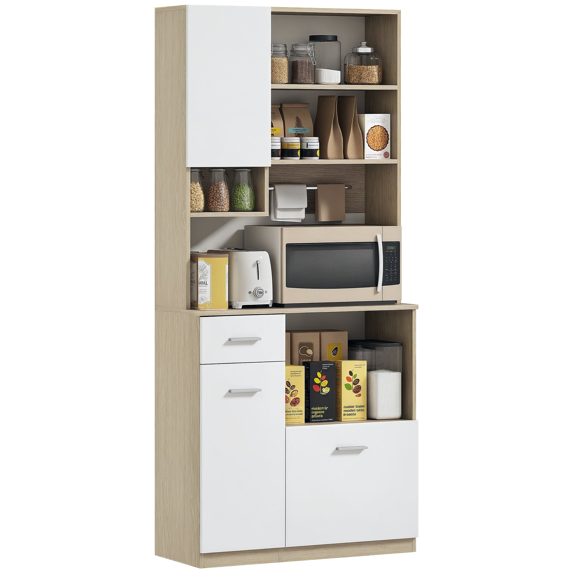 Kitchen Cabinet Buffet Sideboard Storage Cabinet Modern Style with Adjustable Shelves, Drawer, Countertop, Cable Management, for Dining Room, Living Room, 80 x 35 x 180 cm, Wood Effect