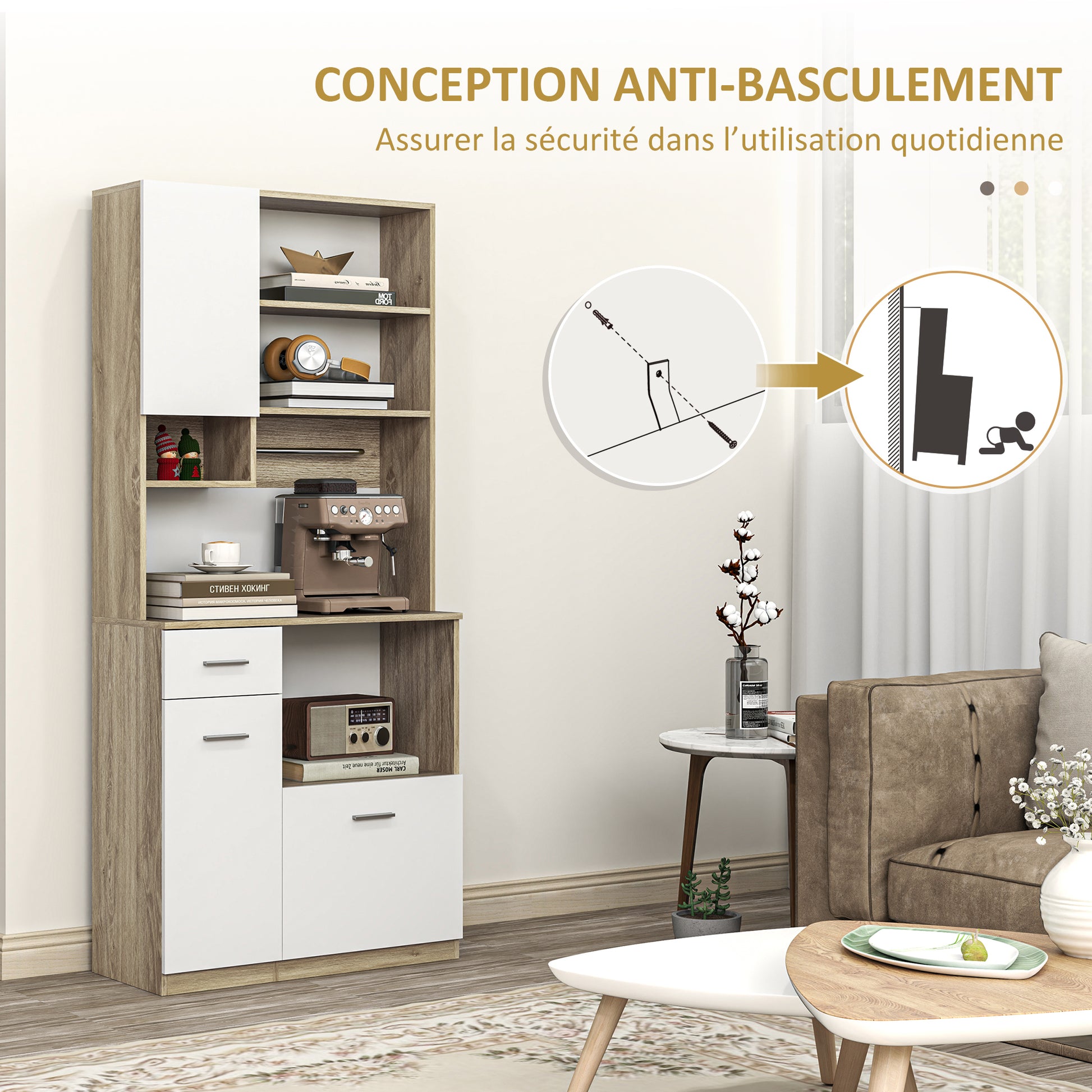 Kitchen Cabinet Buffet Sideboard Storage Cabinet Modern Style with Adjustable Shelves, Drawer, Countertop, Cable Management, for Dining Room, Living Room, 80 x 35 x 180 cm, Wood Effect