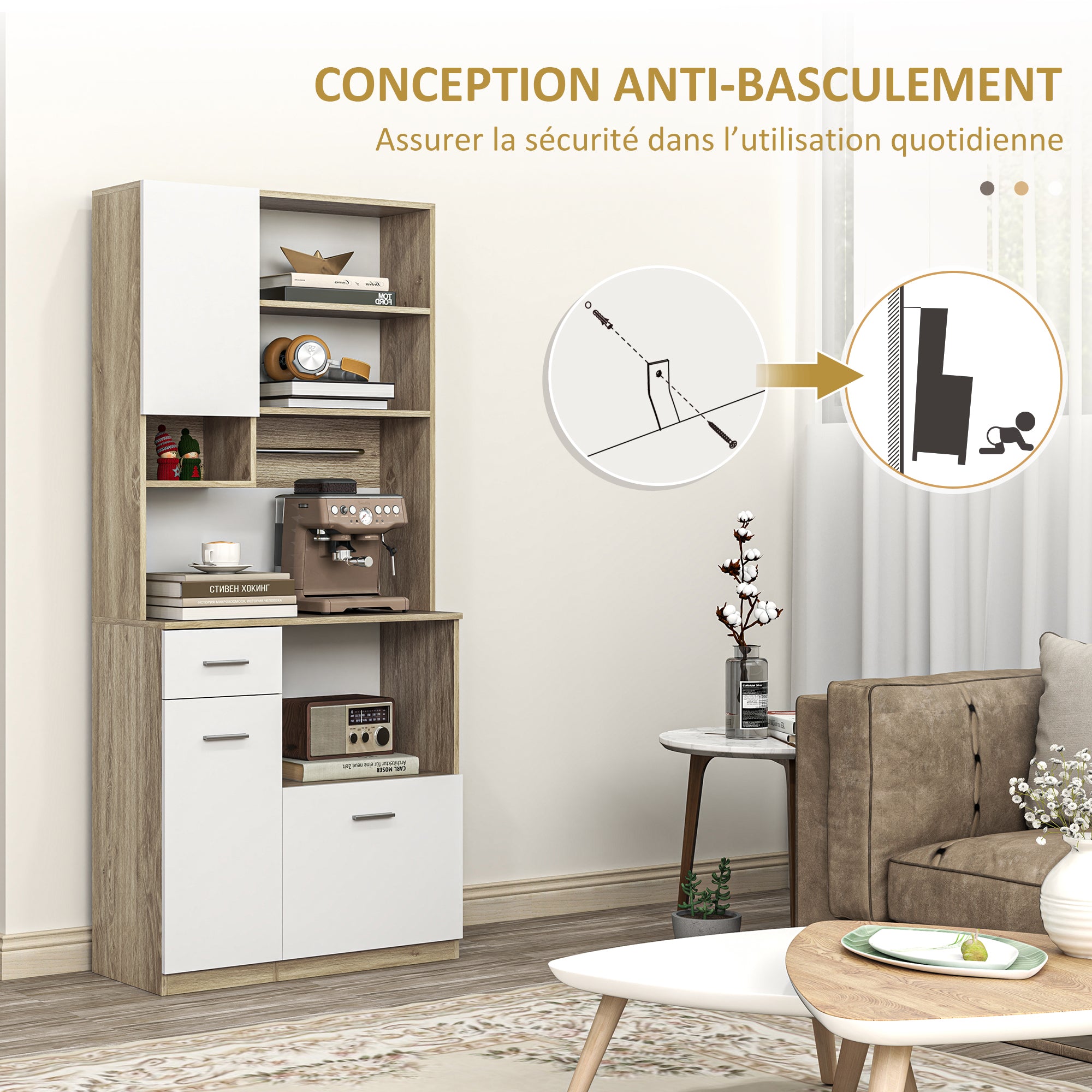 Kitchen Cabinet Buffet Sideboard Storage Cabinet Modern Style with Adjustable Shelves, Drawer, Countertop, Cable Management, for Dining Room, Living Room, 80 x 35 x 180 cm, Wood Effect