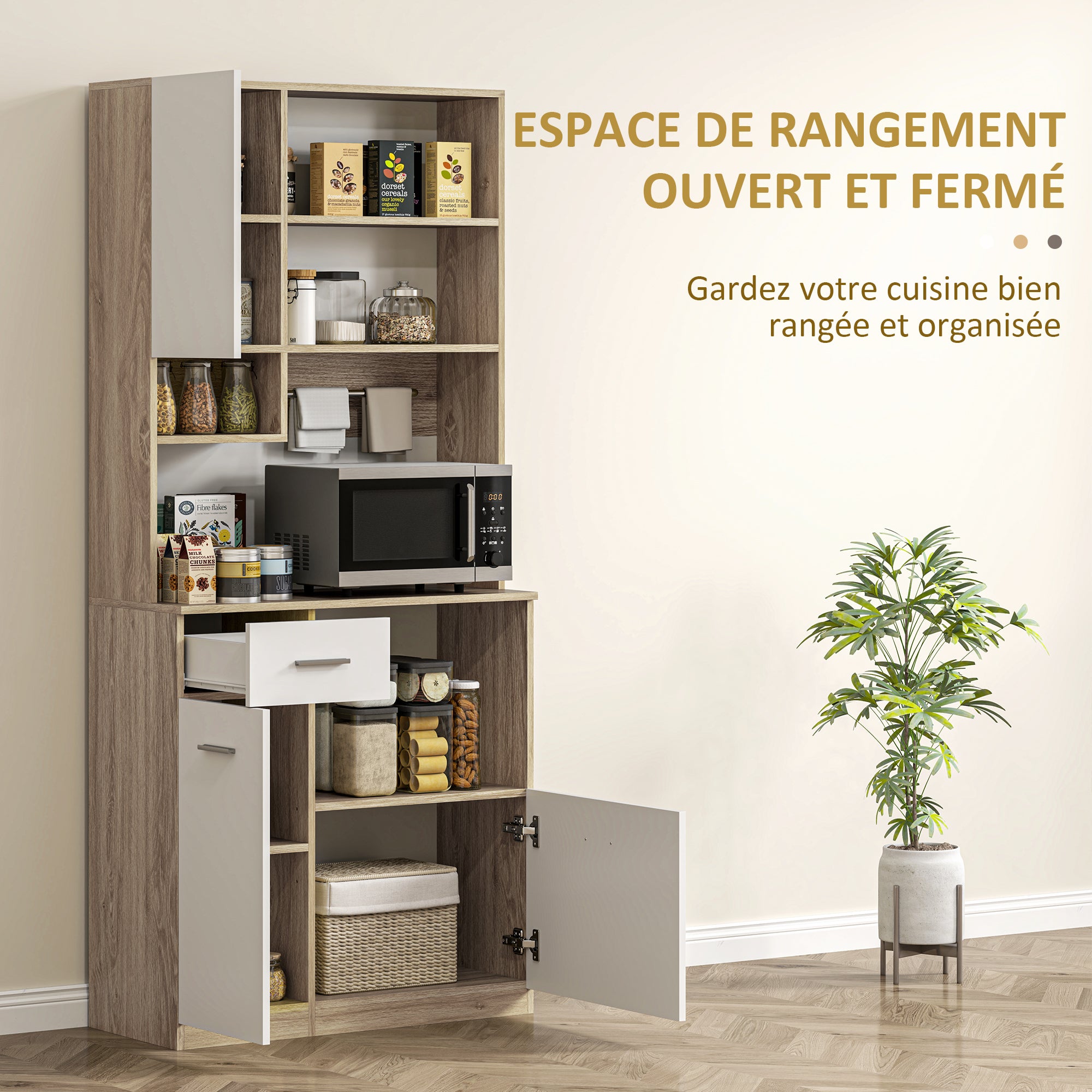 Kitchen Cabinet Buffet Sideboard Storage Cabinet Modern Style with Adjustable Shelves, Drawer, Countertop, Cable Management, for Dining Room, Living Room, 80 x 35 x 180 cm, Wood Effect