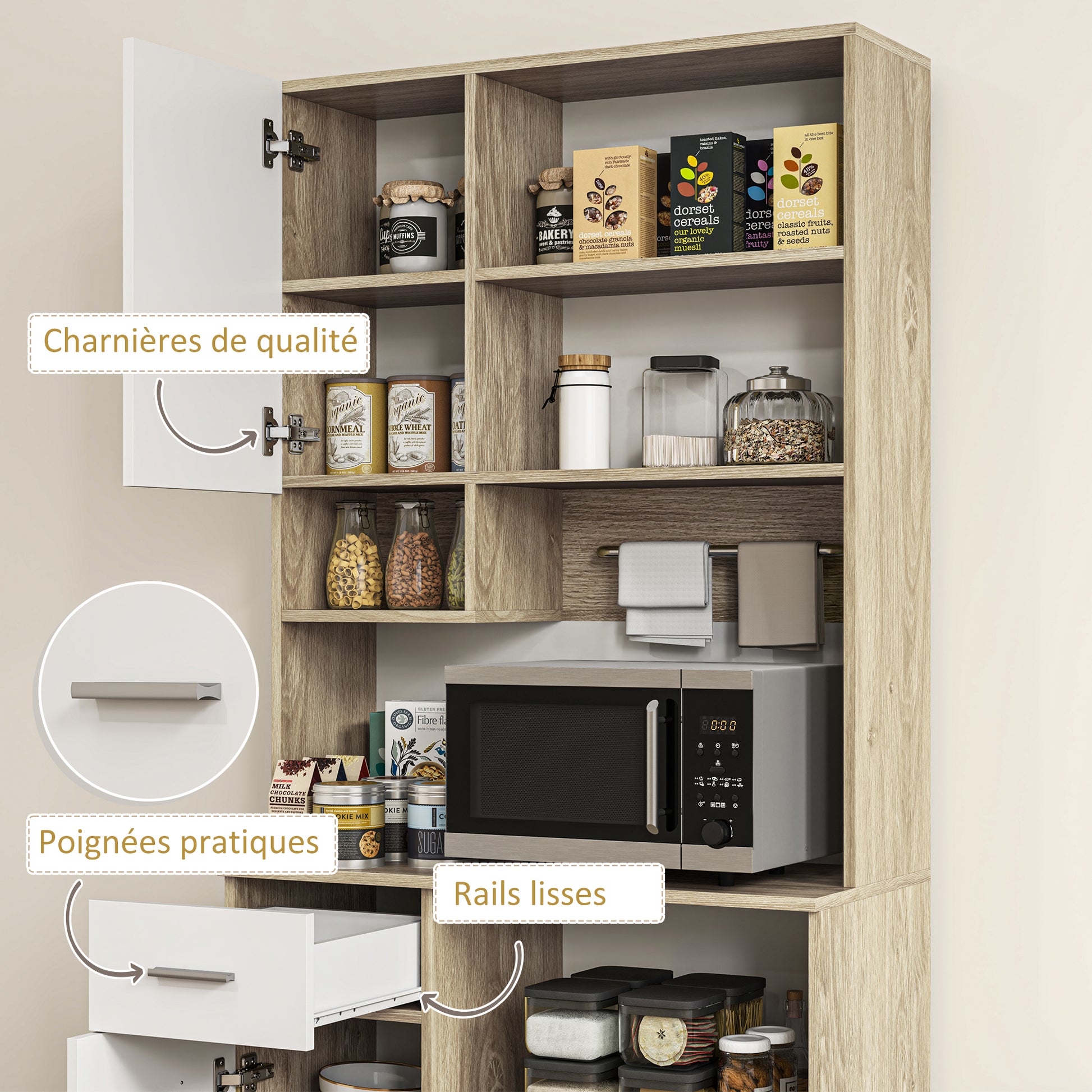 Kitchen Cabinet Buffet Sideboard Storage Cabinet Modern Style with Adjustable Shelves, Drawer, Countertop, Cable Management, for Dining Room, Living Room, 80 x 35 x 180 cm, Wood Effect