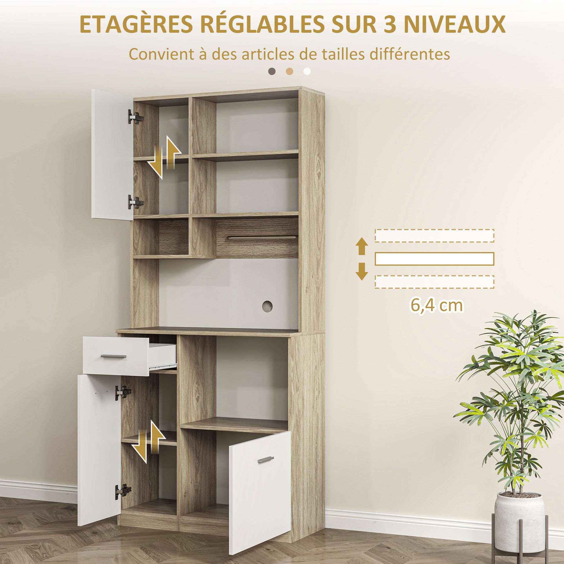 Kitchen Cabinet Buffet Sideboard Storage Cabinet Modern Style with Adjustable Shelves, Drawer, Countertop, Cable Management, for Dining Room, Living Room, 80 x 35 x 180 cm, Wood Effect