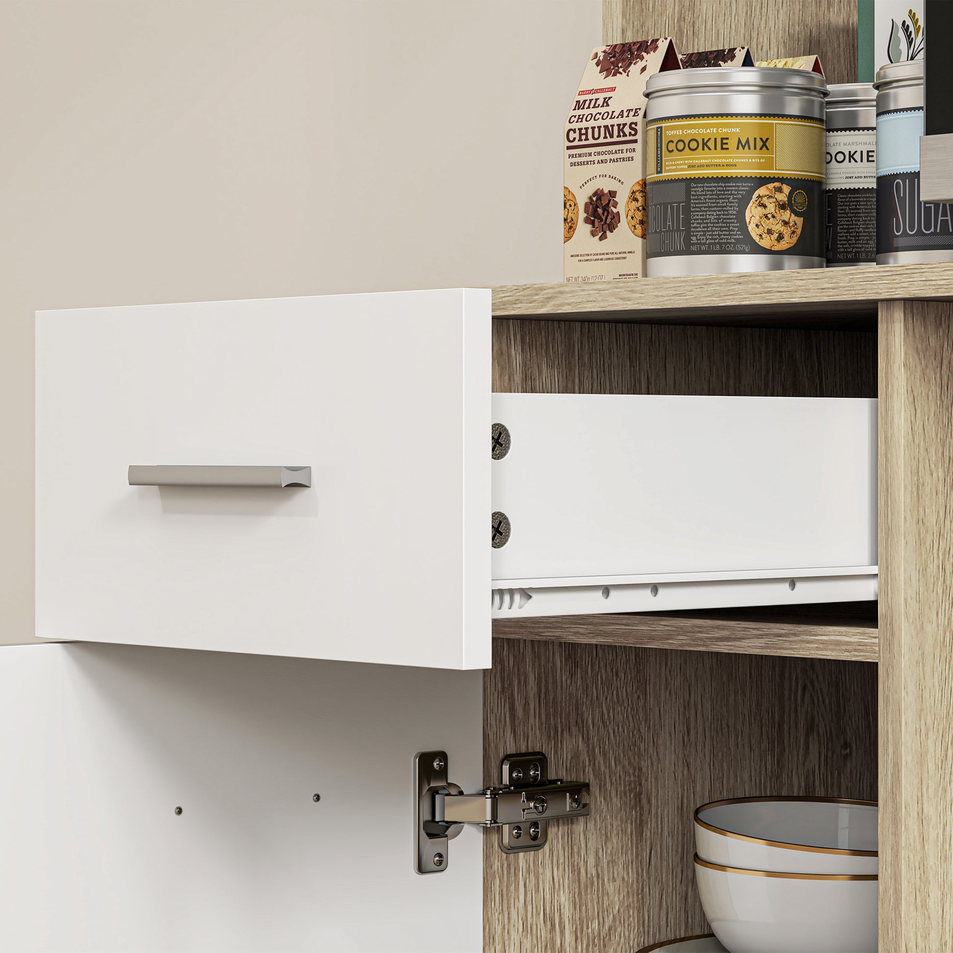 Kitchen Cabinet Buffet Sideboard Storage Cabinet Modern Style with Adjustable Shelves, Drawer, Countertop, Cable Management, for Dining Room, Living Room, 80 x 35 x 180 cm, Wood Effect