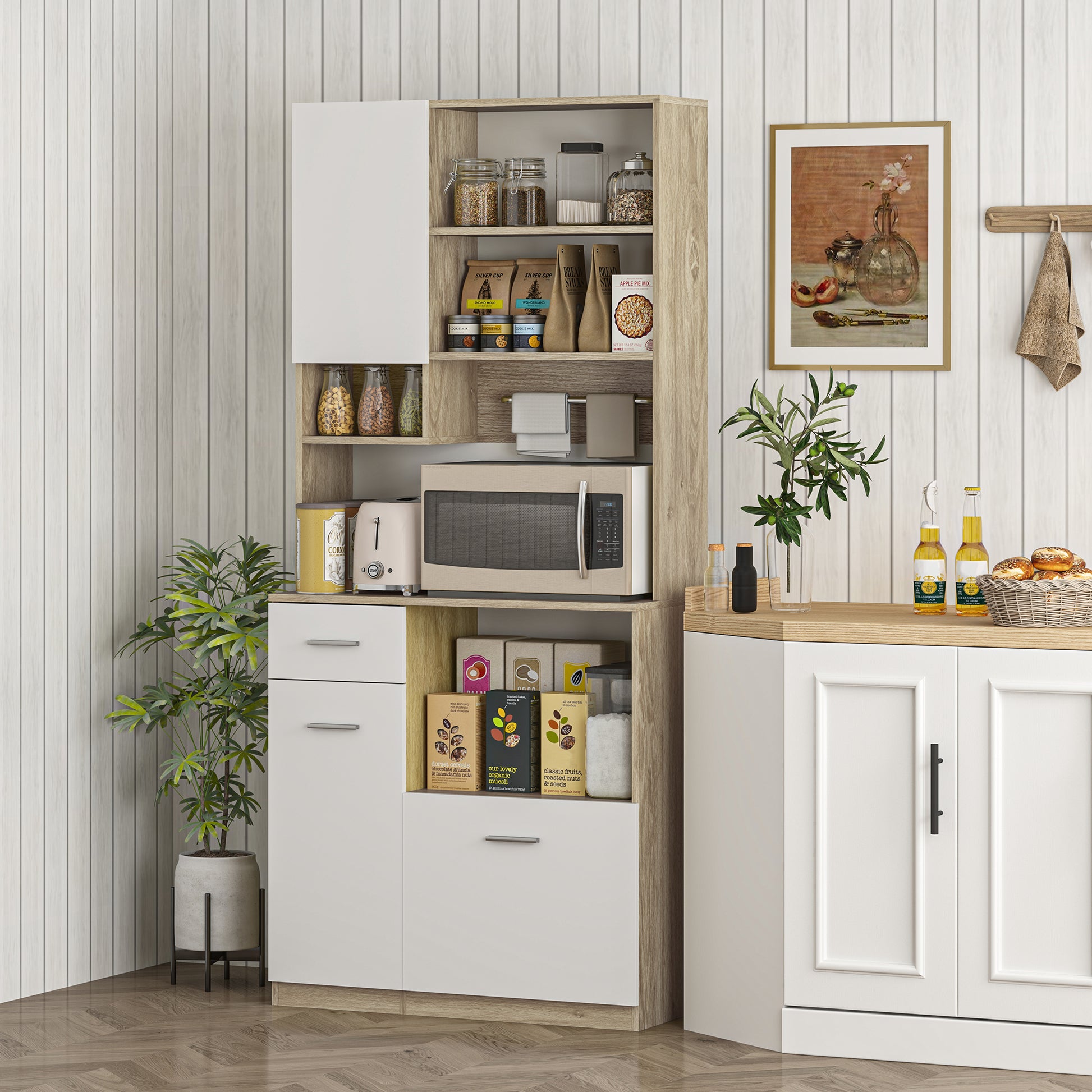 Kitchen Cabinet Buffet Sideboard Storage Cabinet Modern Style with Adjustable Shelves, Drawer, Countertop, Cable Management, for Dining Room, Living Room, 80 x 35 x 180 cm, Wood Effect