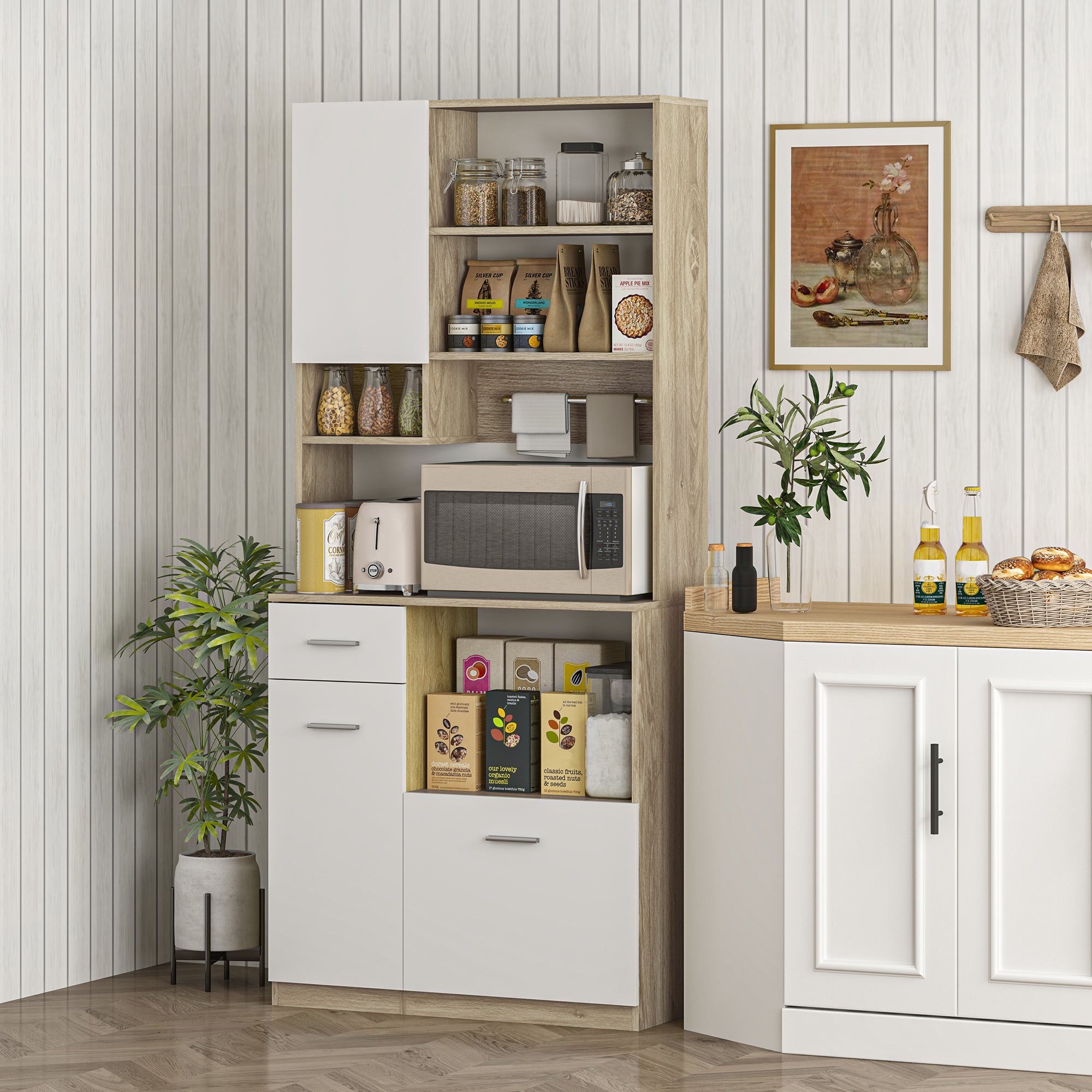 Kitchen Cabinet Buffet Sideboard Storage Cabinet Modern Style with Adjustable Shelves, Drawer, Countertop, Cable Management, for Dining Room, Living Room, 80 x 35 x 180 cm, Wood Effect