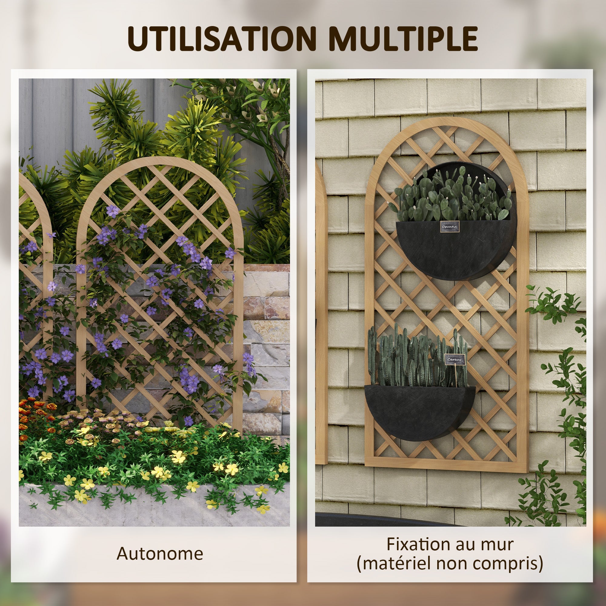 Set of 2 Wooden Garden Grids - Arch Panels for Climbing Plants - Each Panel Dimensions: 60L x 120H cm