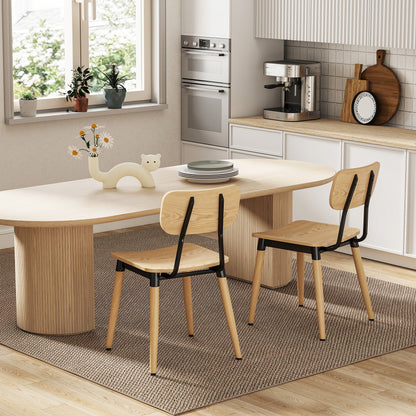 Set of 2 Dining Chairs Modern Kitchen Chairs with Steel Legs and Curved Backrest for Dining Room, Bedroom, Living Room, Natural Wood Effect