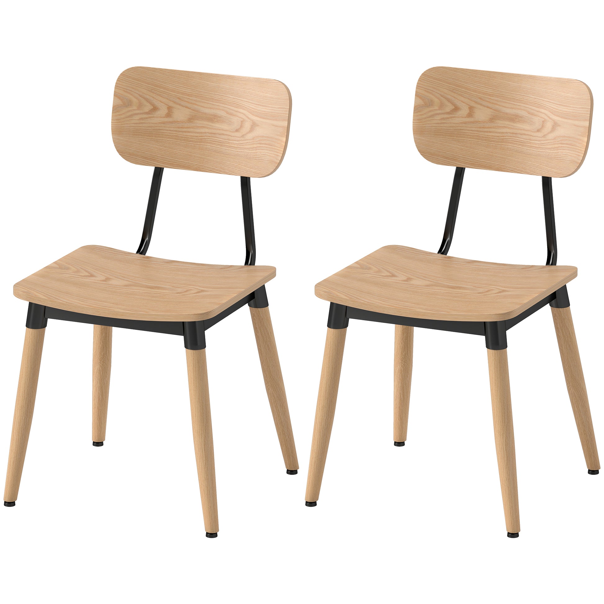 Set of 2 Dining Chairs Modern Kitchen Chairs with Steel Legs and Curved Backrest for Dining Room, Bedroom, Living Room, Natural Wood Effect