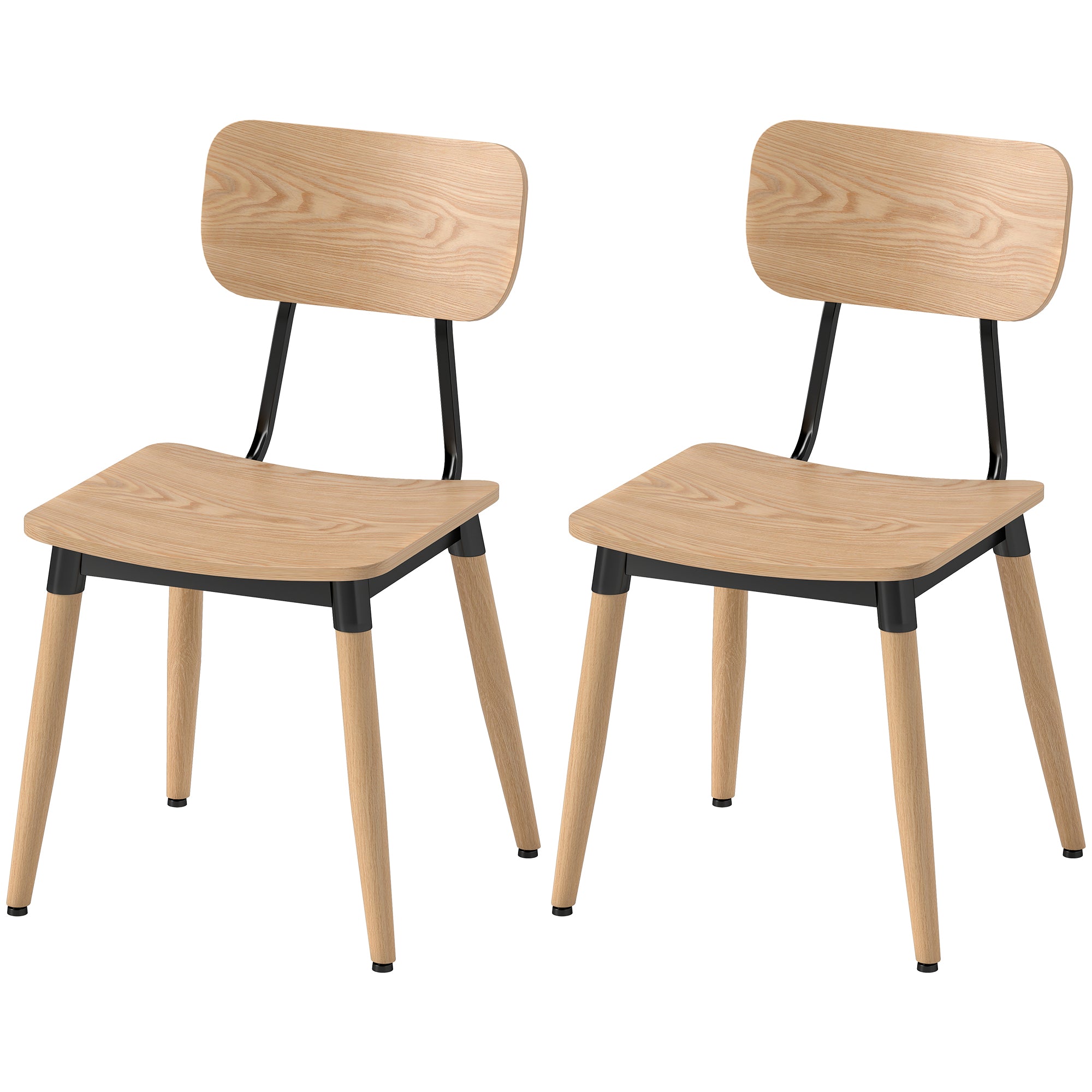 Set of 2 Dining Chairs Modern Kitchen Chairs with Steel Legs and Curved Backrest for Dining Room, Bedroom, Living Room, Natural Wood Effect