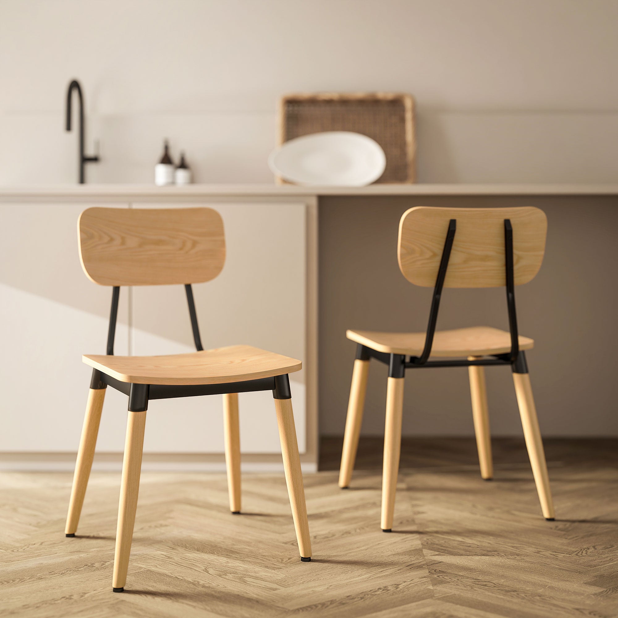 Set of 2 Dining Chairs Modern Kitchen Chairs with Steel Legs and Curved Backrest for Dining Room, Bedroom, Living Room, Natural Wood Effect