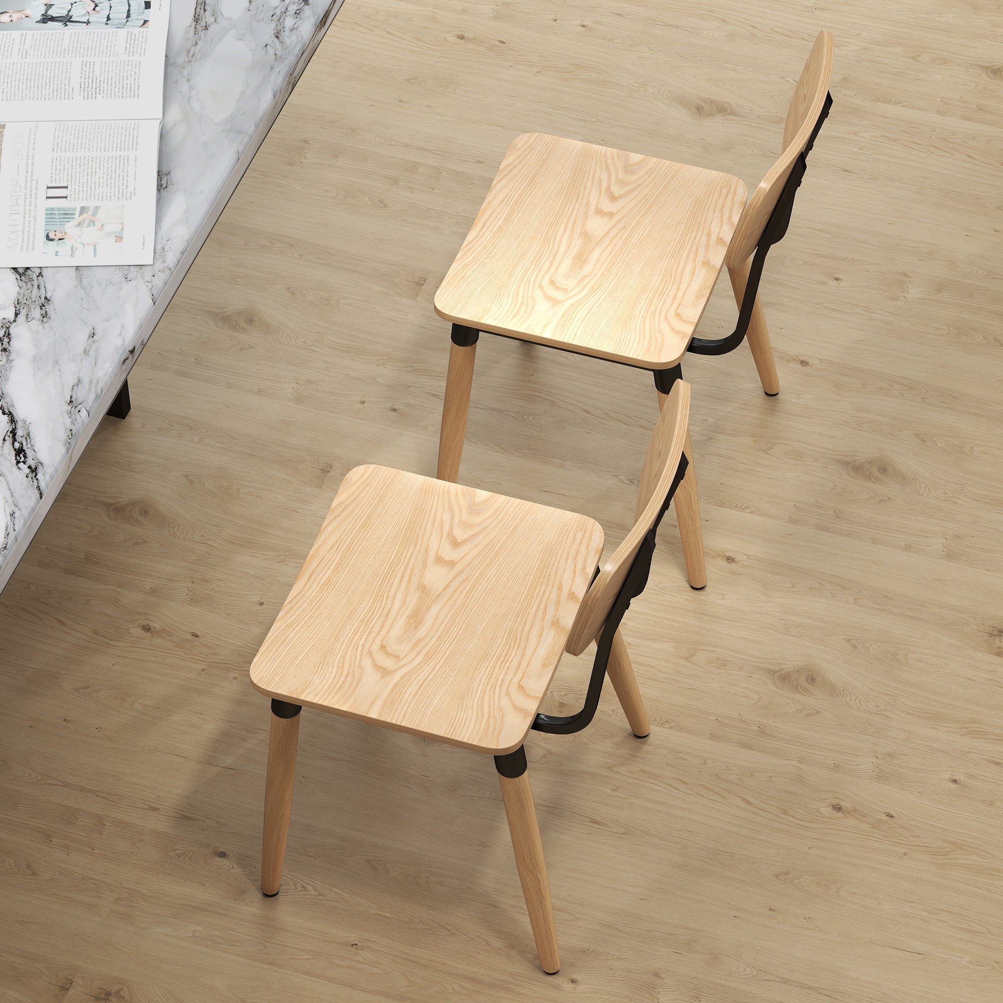 Set of 2 Dining Chairs Modern Kitchen Chairs with Steel Legs and Curved Backrest for Dining Room, Bedroom, Living Room, Natural Wood Effect