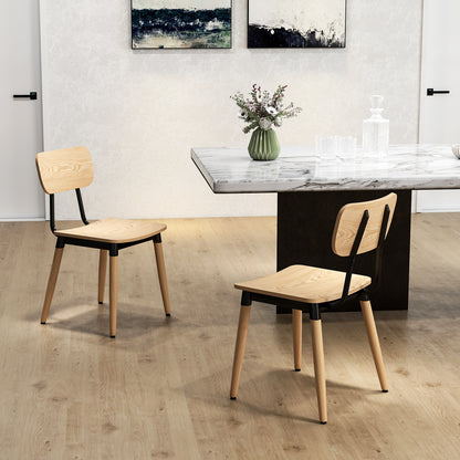 Set of 2 Dining Chairs Modern Kitchen Chairs with Steel Legs and Curved Backrest for Dining Room, Bedroom, Living Room, Natural Wood Effect