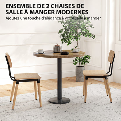 Set of 2 Dining Chairs Modern Kitchen Chairs with Steel Legs and Curved Backrest for Dining Room, Bedroom, Living Room, Natural Wood Effect