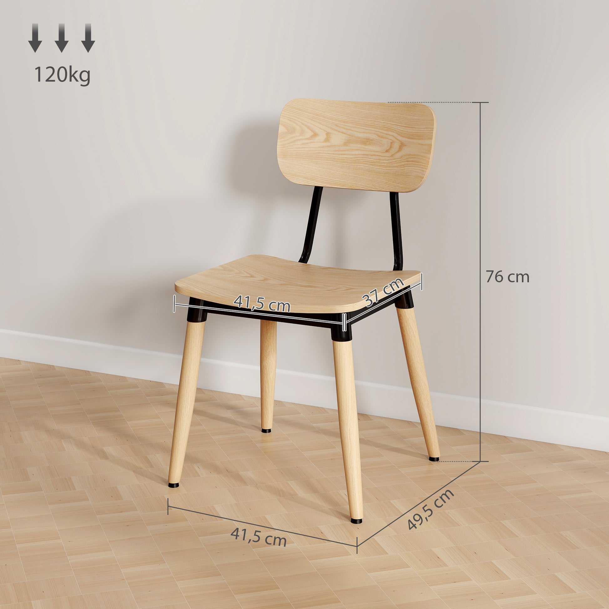 Set of 2 Dining Chairs Modern Kitchen Chairs with Steel Legs and Curved Backrest for Dining Room, Bedroom, Living Room, Natural Wood Effect