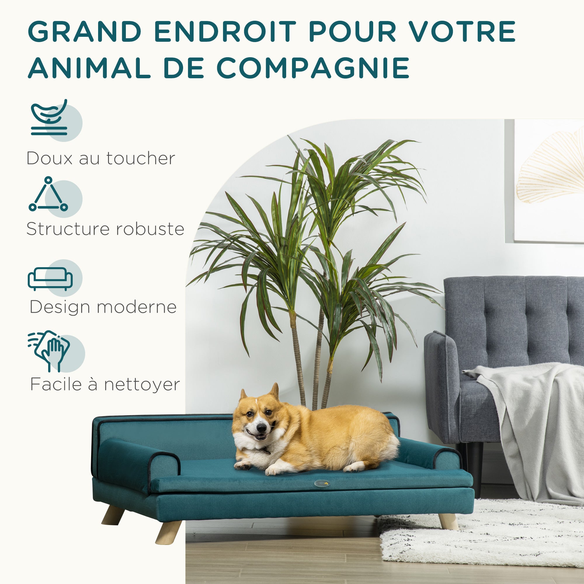 Scandinavian Design Sofa for Dog Cat with Fluffy Removable Cushion Solid Wood Legs 100 x 62 x 32 cm Duck Blue