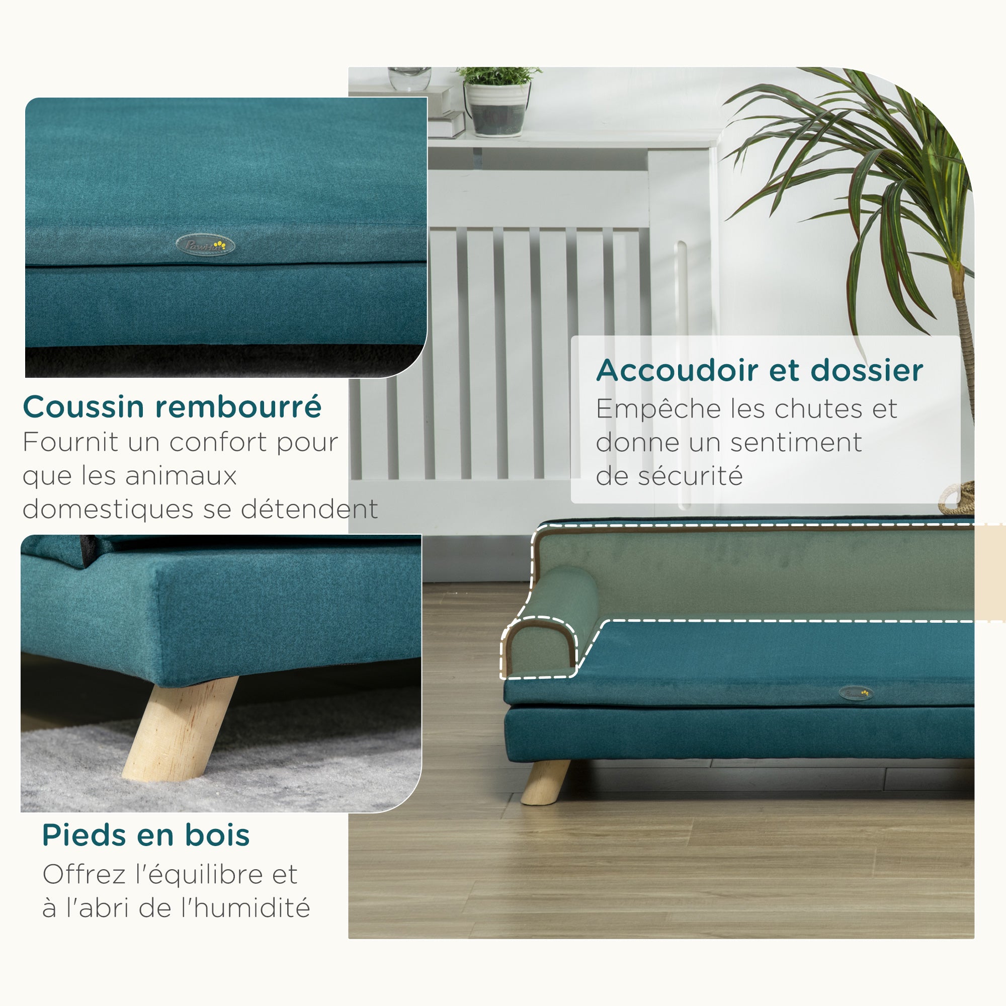 Scandinavian Design Sofa for Dog Cat with Fluffy Removable Cushion Solid Wood Legs 100 x 62 x 32 cm Duck Blue