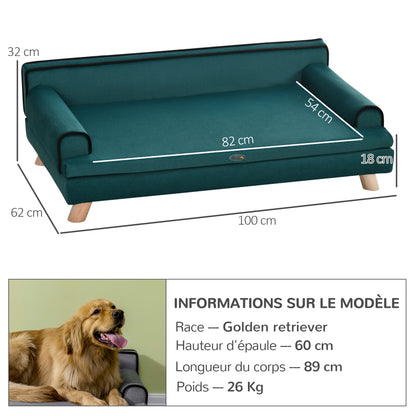 Scandinavian Design Sofa for Dog Cat with Fluffy Removable Cushion Solid Wood Legs 100 x 62 x 32 cm Duck Blue