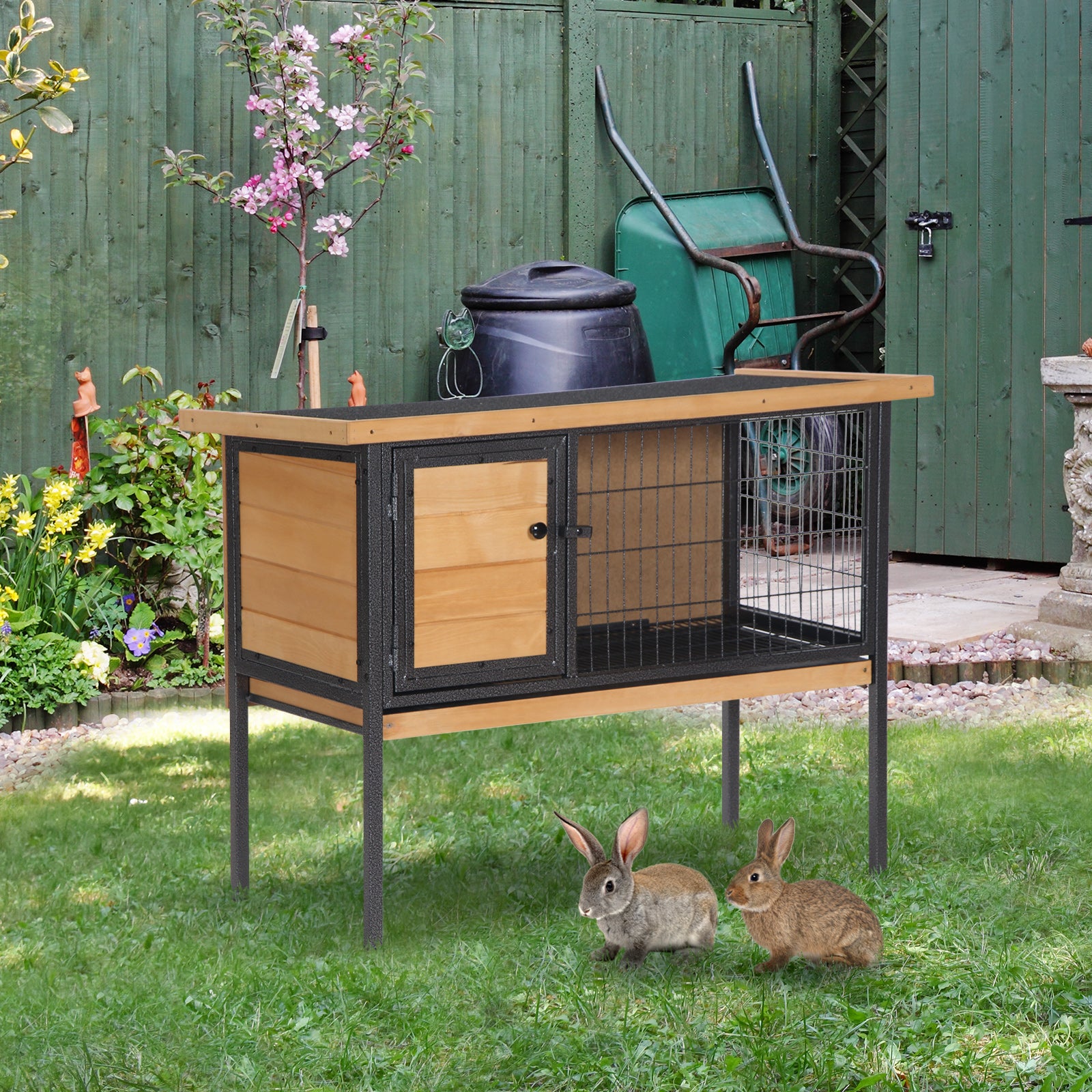 Wooden Rabbit Cage on Legs, Outdoor Hutch for Rodents, Guinea Pigs with Opening Roof - dim. 91.5L x 45W x 70H cm