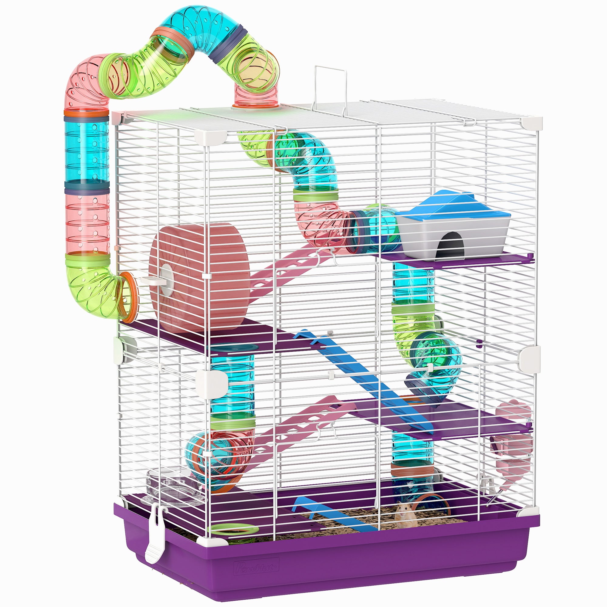 Hamster Cage 4 Levels with Tunnels Feeder Wheel House Ladders dim. 46L x 30W x 58H cm Violet