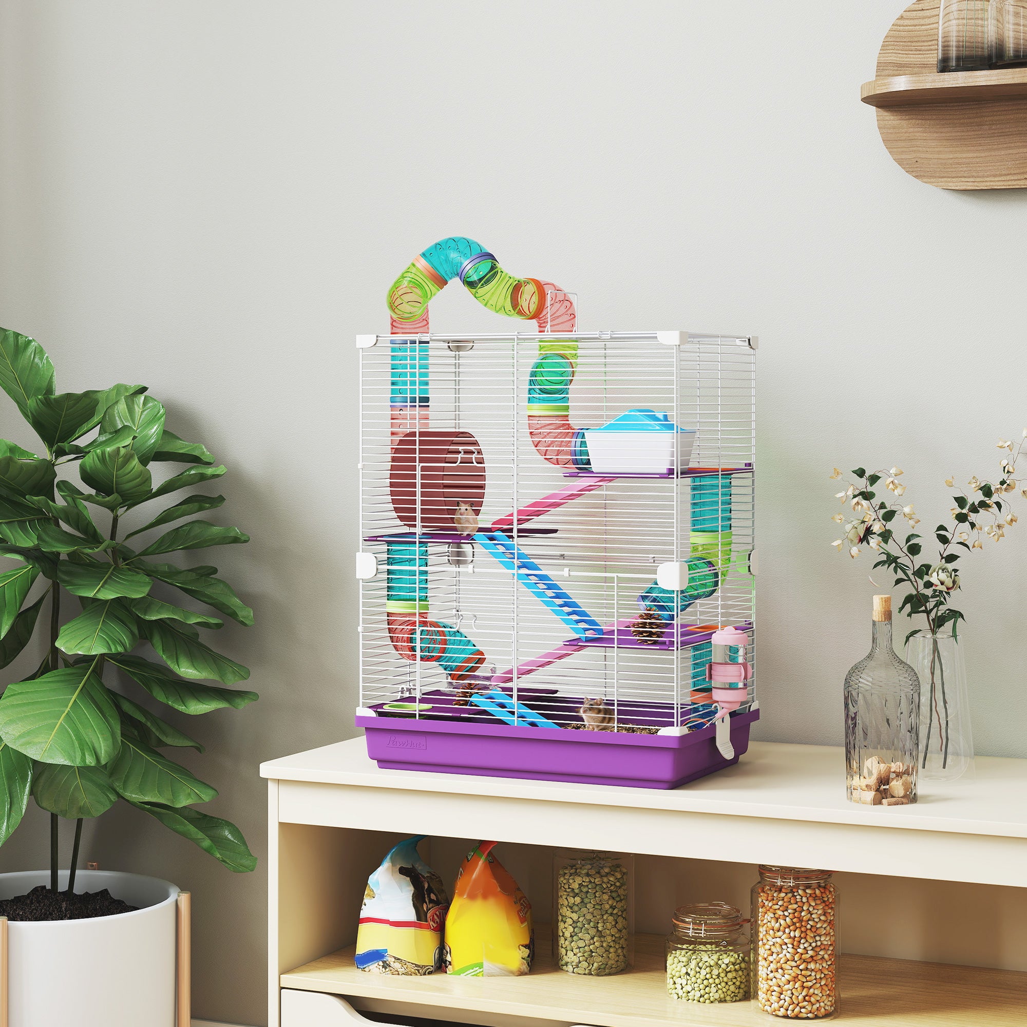 Hamster Cage 4 Levels with Tunnels Feeder Wheel House Ladders dim. 46L x 30W x 58H cm Violet