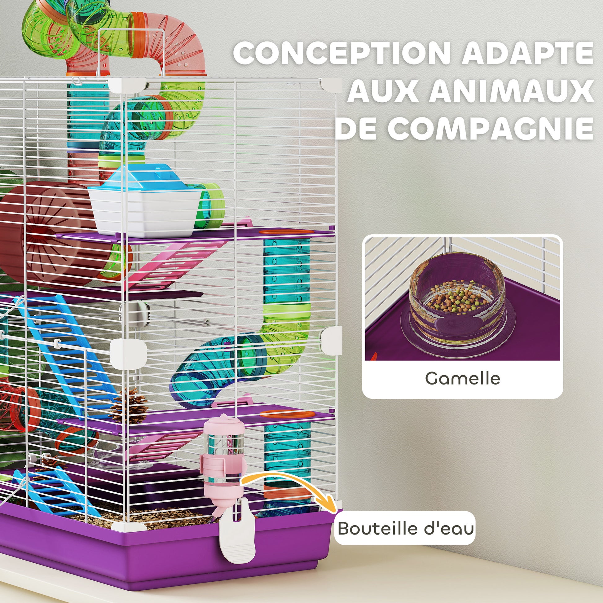 Hamster Cage 4 Levels with Tunnels Feeder Wheel House Ladders dim. 46L x 30W x 58H cm Violet