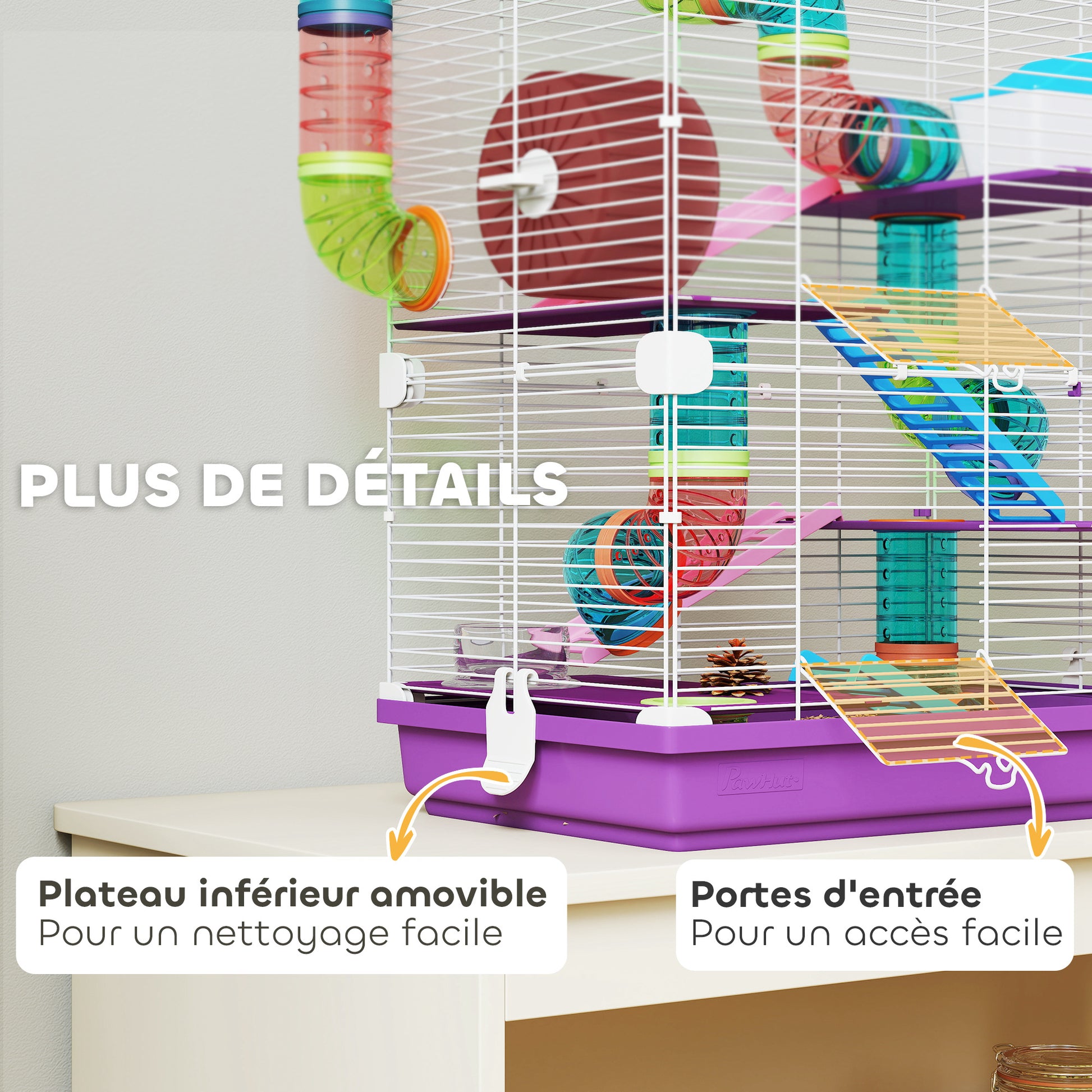 Hamster Cage 4 Levels with Tunnels Feeder Wheel House Ladders dim. 46L x 30W x 58H cm Violet