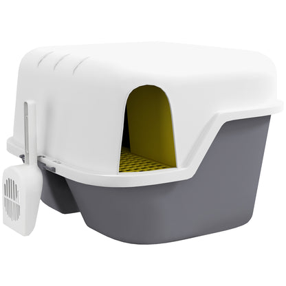 Semi-Enclosed Cat Litter Box, Cat Toilet House with Lockable and Openable Top Lid, Scoop, Door, 50 x 50 x 39 cm, Cream