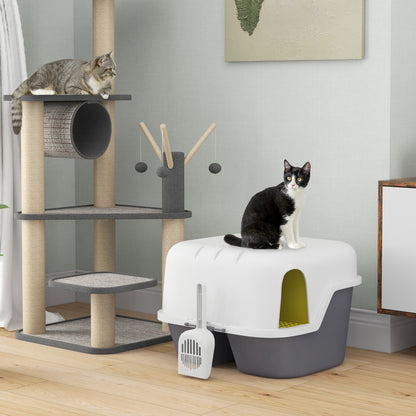 Semi-Enclosed Cat Litter Box, Cat Toilet House with Lockable and Openable Top Lid, Scoop, Door, 50 x 50 x 39 cm, Cream