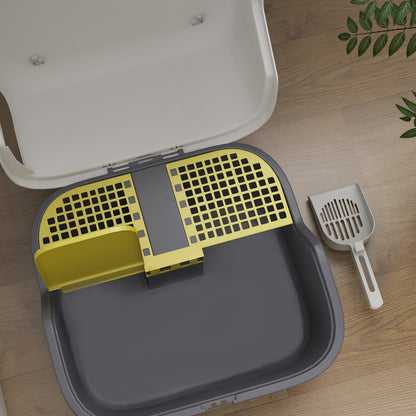 Semi-Enclosed Cat Litter Box, Cat Toilet House with Lockable and Openable Top Lid, Scoop, Door, 50 x 50 x 39 cm, Cream