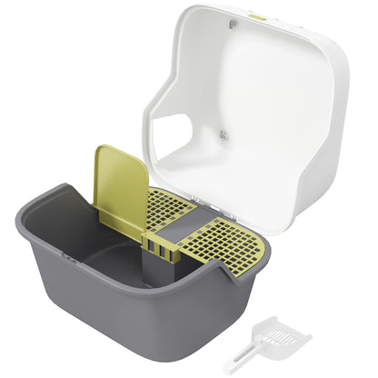 Semi-Enclosed Cat Litter Box, Cat Toilet House with Lockable and Openable Top Lid, Scoop, Door, 50 x 50 x 39 cm, Cream
