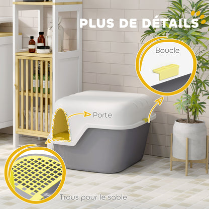 Semi-Enclosed Cat Litter Box, Cat Toilet House with Lockable and Openable Top Lid, Scoop, Door, 50 x 50 x 39 cm, Cream