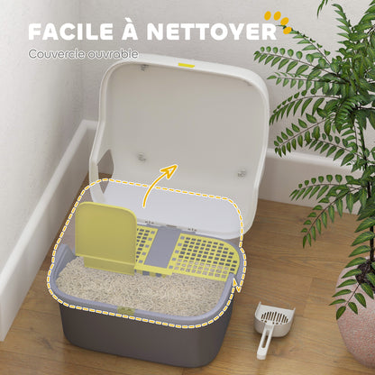 Semi-Enclosed Cat Litter Box, Cat Toilet House with Lockable and Openable Top Lid, Scoop, Door, 50 x 50 x 39 cm, Cream