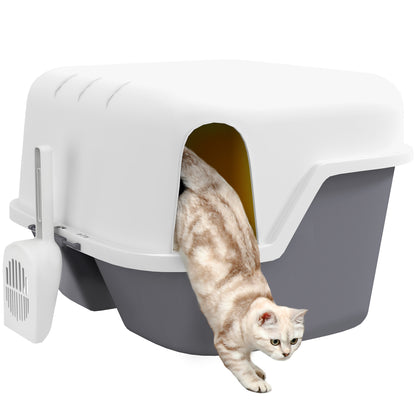 Semi-Enclosed Cat Litter Box, Cat Toilet House with Lockable and Openable Top Lid, Scoop, Door, 50 x 50 x 39 cm, Cream