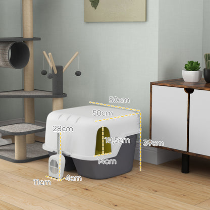 Semi-Enclosed Cat Litter Box, Cat Toilet House with Lockable and Openable Top Lid, Scoop, Door, 50 x 50 x 39 cm, Cream