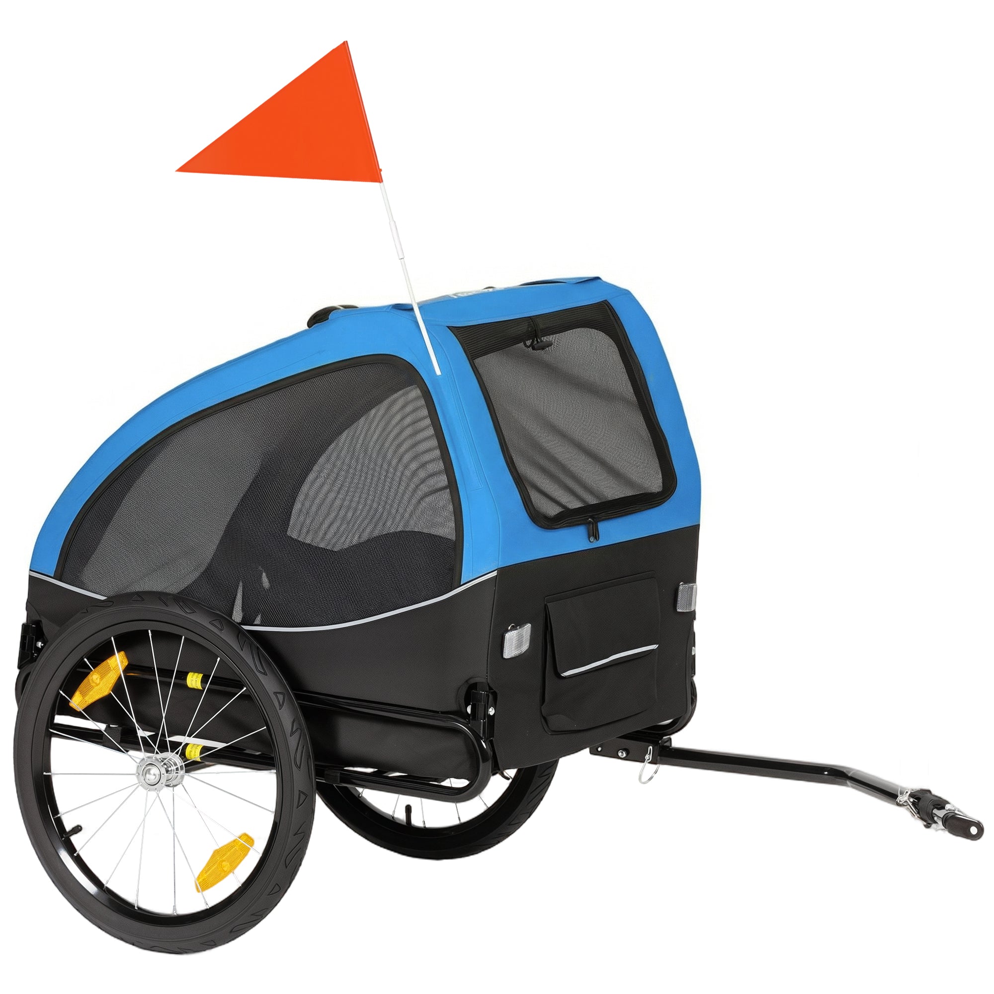 Foldable Dog Bike Trailer with Reflectors, Mesh Windows, Wheels, Rear Door & Safety Flag — Blue — Holds up to 44 lb