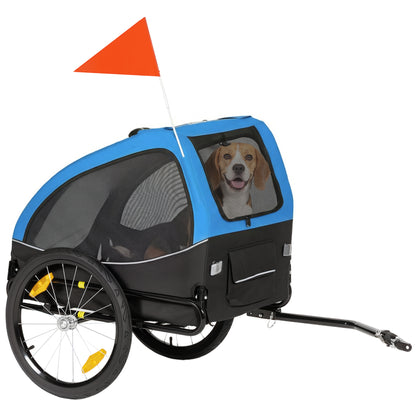 Foldable Dog Bike Trailer with Reflectors, Mesh Windows, Wheels, Rear Door & Safety Flag — Blue — Holds up to 44 lb