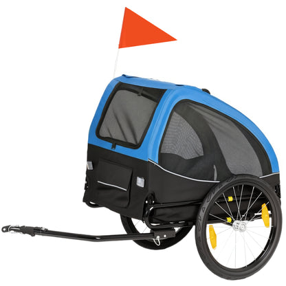 Foldable Dog Bike Trailer with Reflectors, Mesh Windows, Wheels, Rear Door & Safety Flag — Blue — Holds up to 44 lb