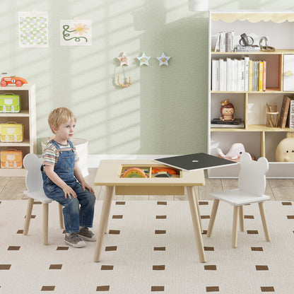 Kids' Table with 2 Chairs — Children's Seating Set with Storage, Flip & Removable Tabletop, Bear-Back Chairs, Natural Wood (Ages 3–6)