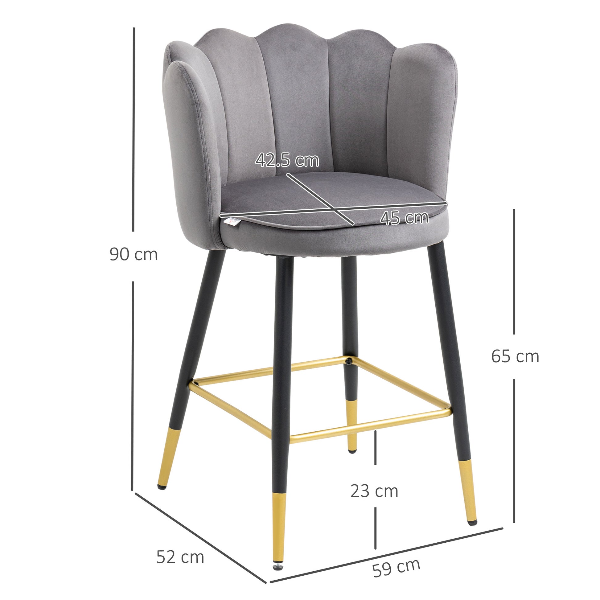 Set of 2 Velvet Bar Stools with Footrest and Steel Base, 59x52x90cm, Dark Gray