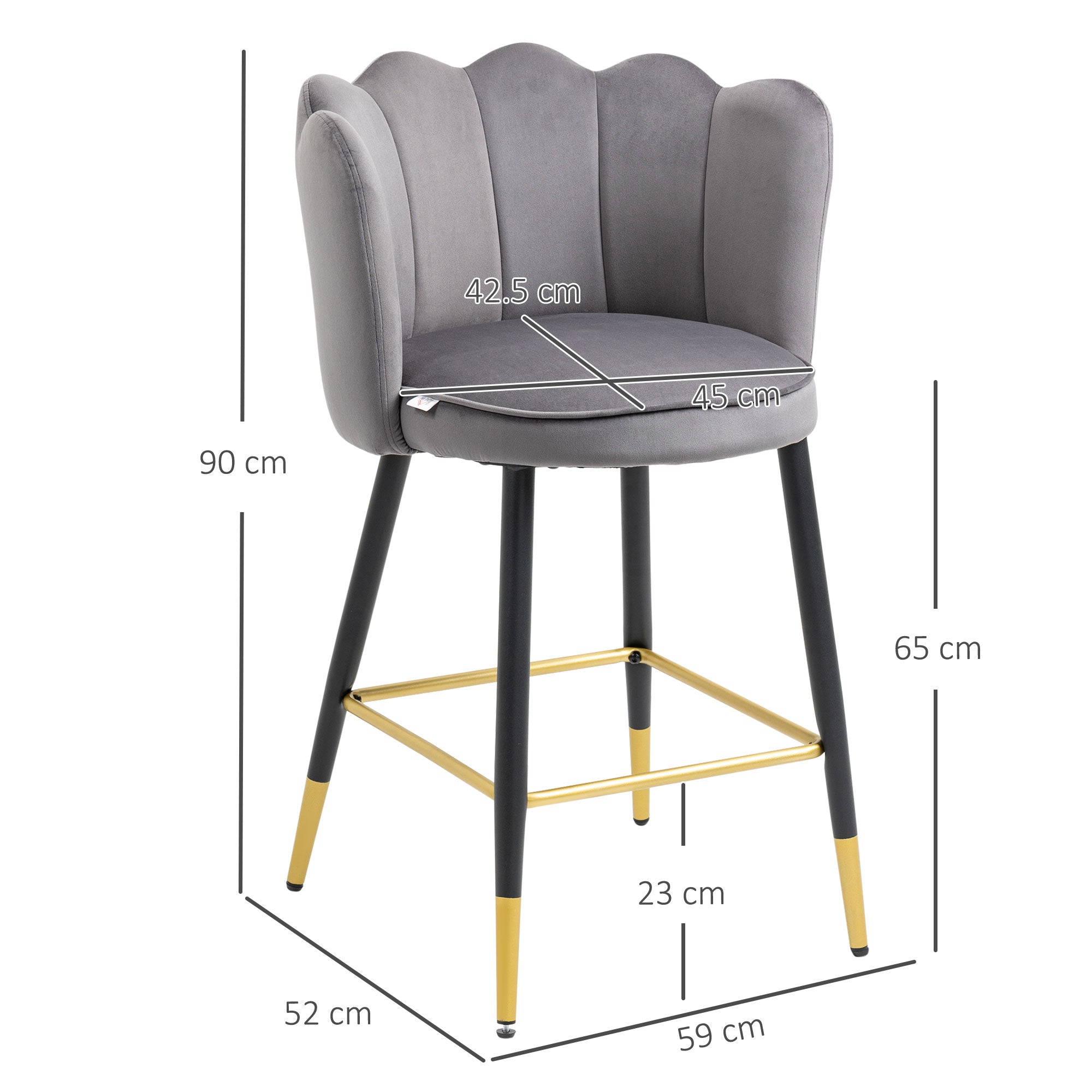 Set of 2 Velvet Bar Stools with Footrest and Steel Base, 59x52x90cm, Dark Gray