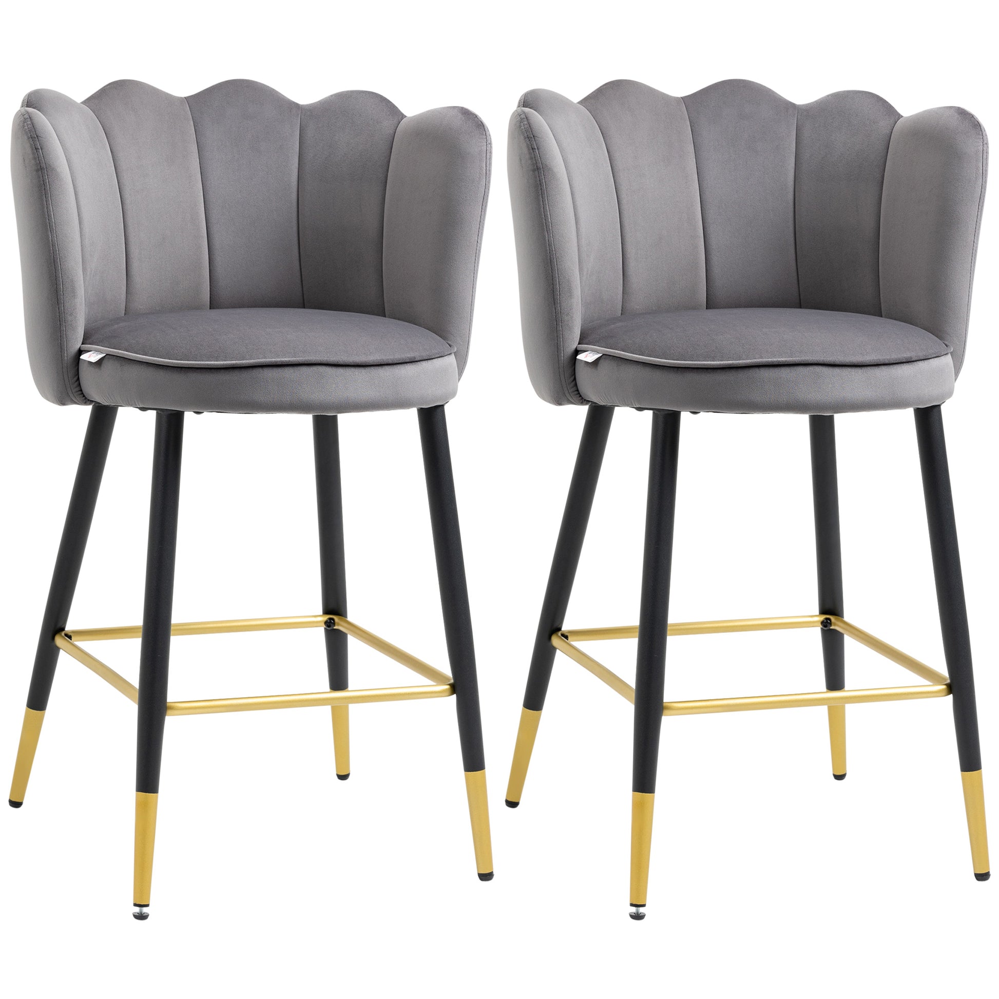 Set of 2 Velvet Bar Stools with Footrest and Steel Base, 59x52x90cm, Dark Gray
