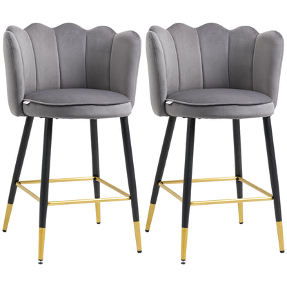 Set of 2 Velvet Bar Stools with Footrest and Steel Base, 59x52x90cm, Dark Gray