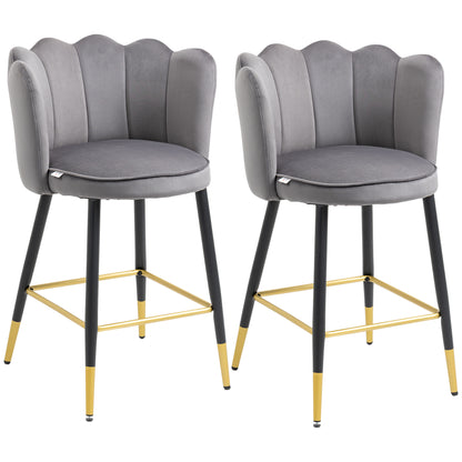 Set of 2 Velvet Bar Stools with Footrest and Steel Base, 59x52x90cm, Dark Gray