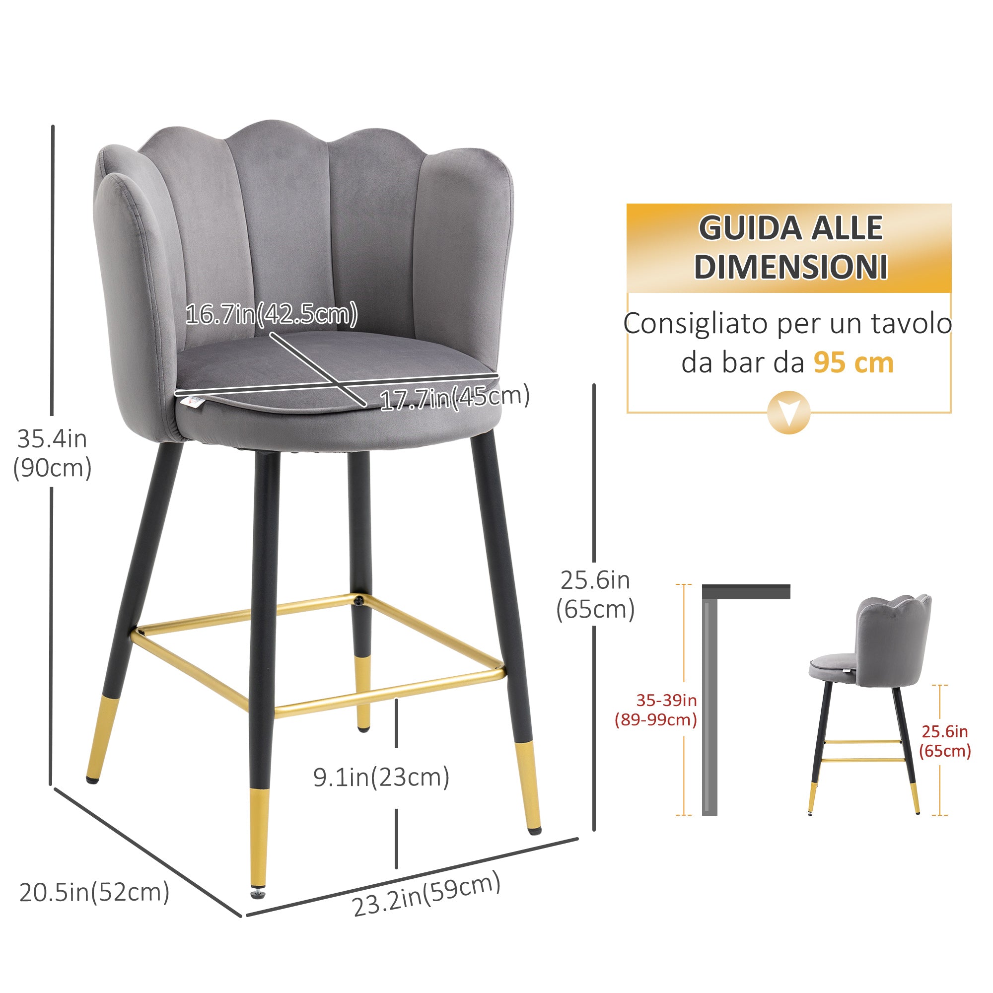 Set of 2 Velvet Bar Stools with Footrest and Steel Base, 59x52x90cm, Dark Gray